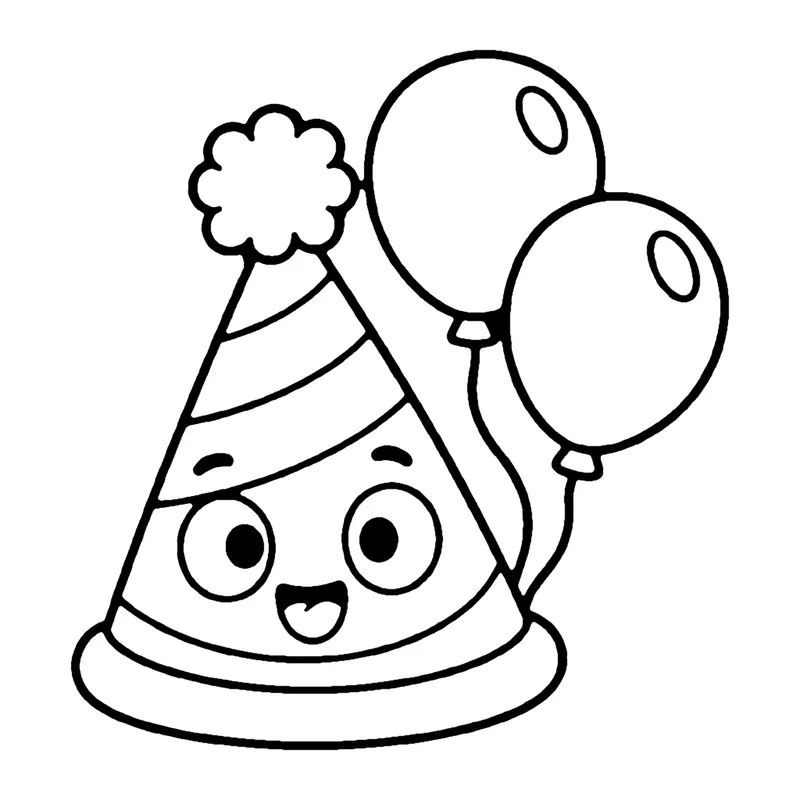 Line drawing of a smiling striped party hat with a pom-pom on top and two balloons beside it