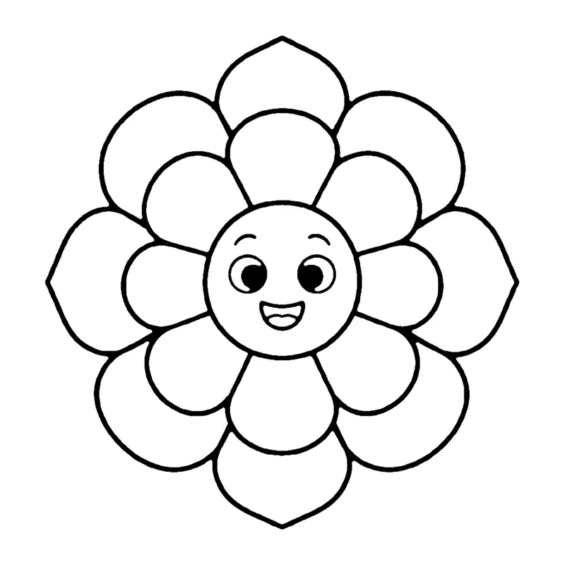 Line drawing of a round rangoli flower pattern with layered petals and a smiling center