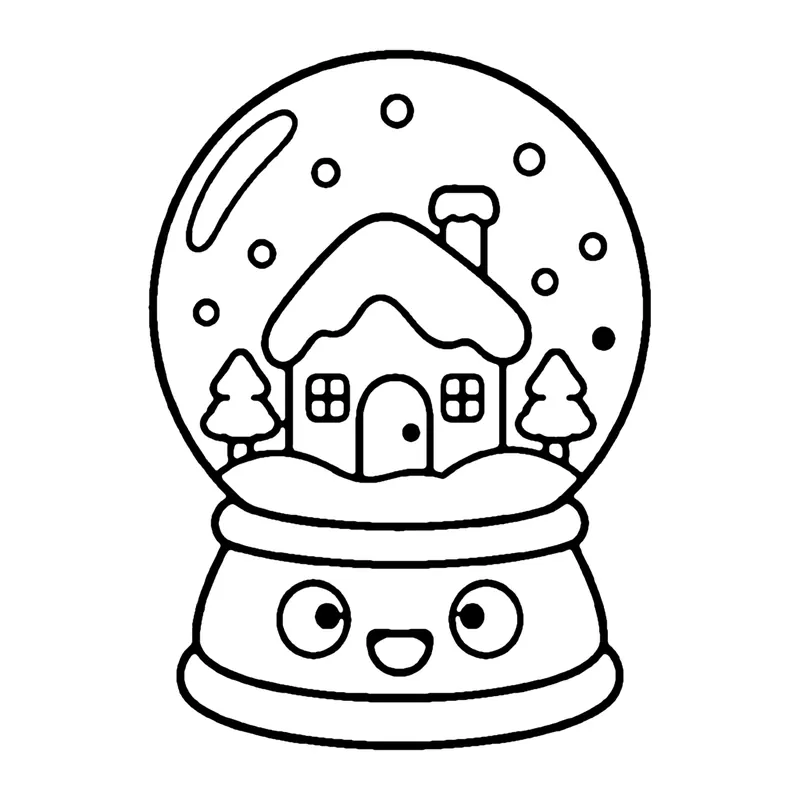 Line drawing of a smiling snow globe holding a little snowy house and pine trees