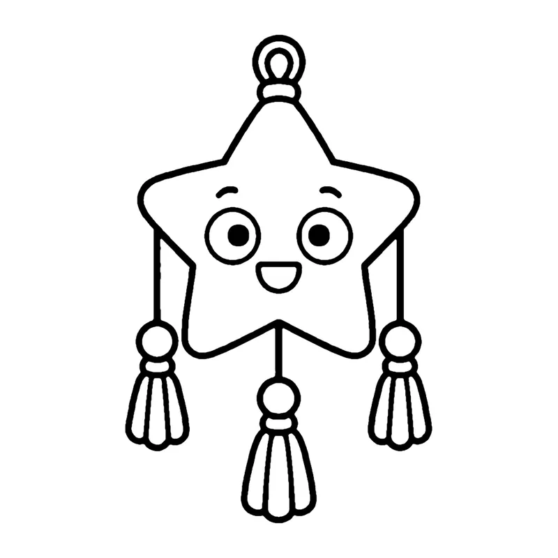 Line drawing of a smiling star-shaped lantern hanging from a loop with three tassels below