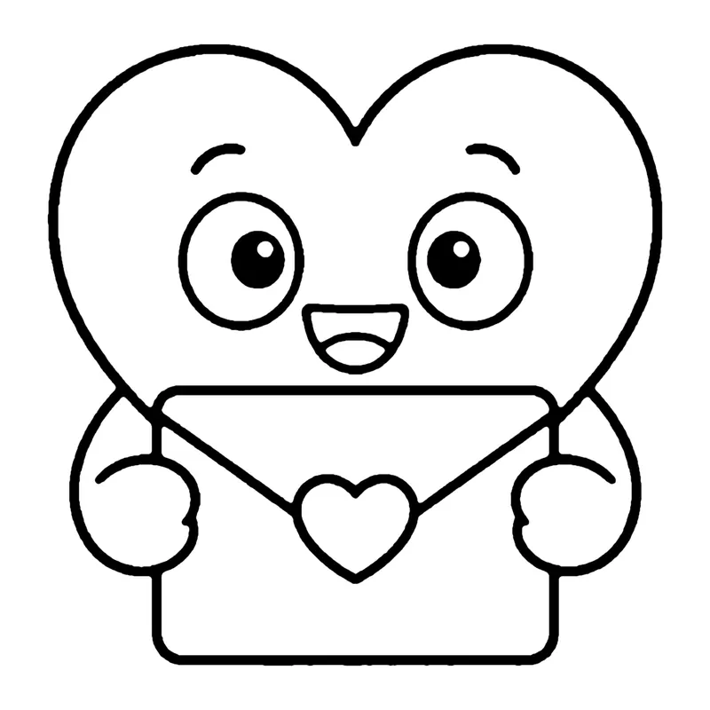 Line drawing of a smiling heart holding an envelope with a small heart on the seal