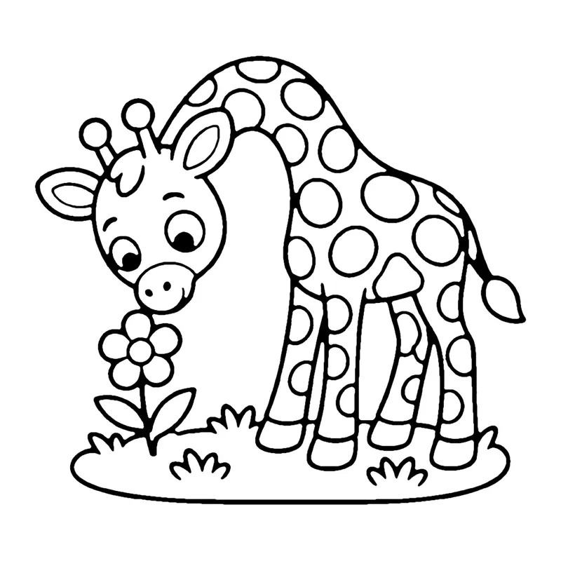 Line drawing of a mother giraffe bending down over a baby giraffe that is sniffing a flower