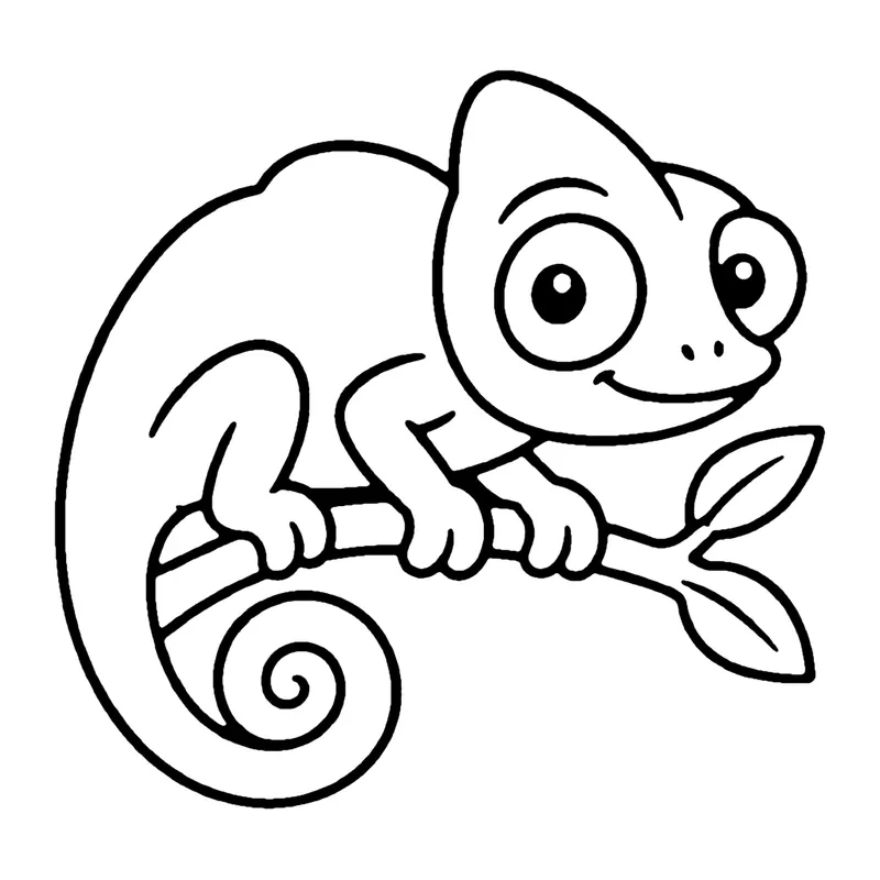 Line drawing of a chameleon with large eyes sitting on a branch with its tail curled into a spiral