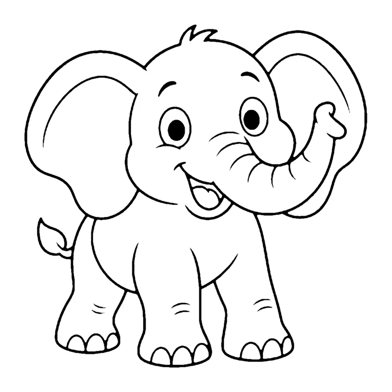 Line drawing of a happy elephant standing with its trunk curled up and large floppy ears