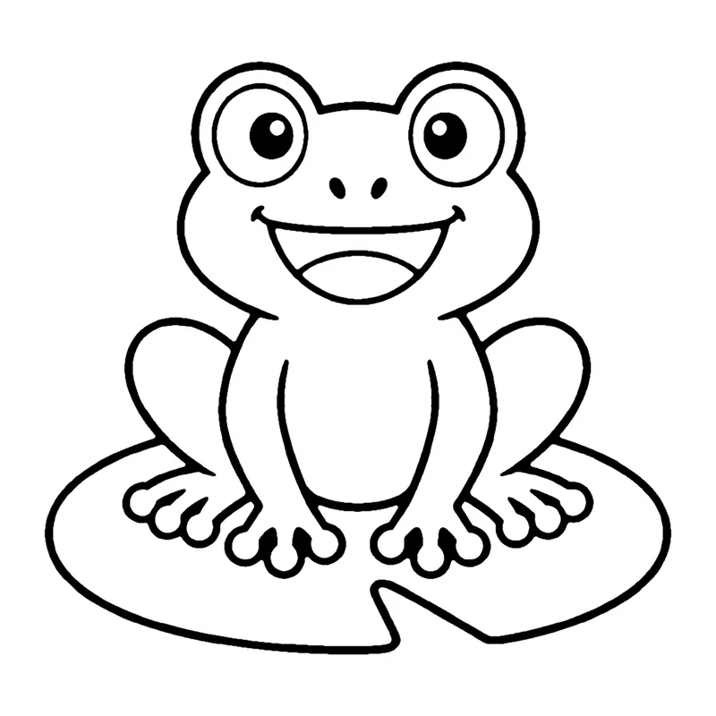 Line drawing of a happy frog with big round eyes sitting on a lily pad