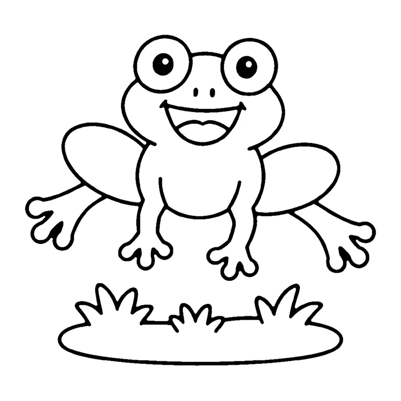 Line drawing of a frog leaping in the air with legs spread wide above a patch of grass