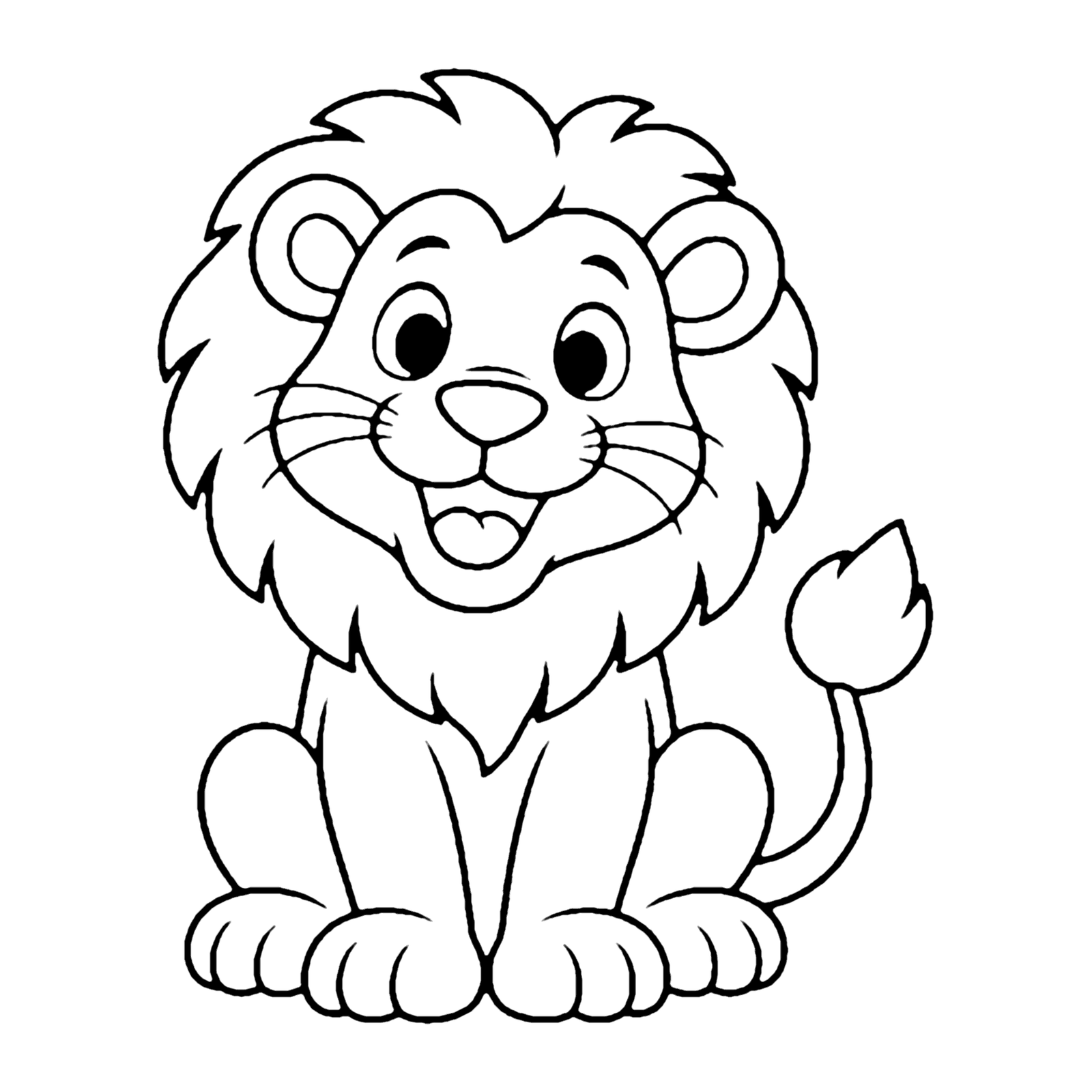 Line drawing of a smiling lion sitting up tall with a fluffy mane and a tufted tail