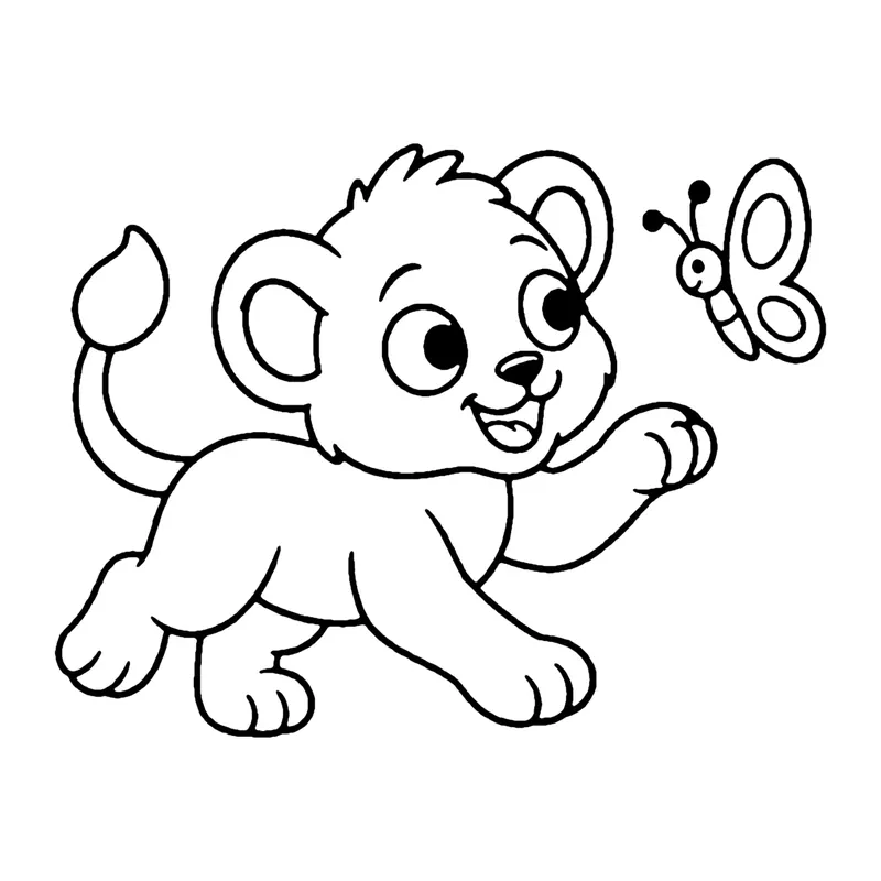 Line drawing of a playful lion cub pouncing toward a small butterfly