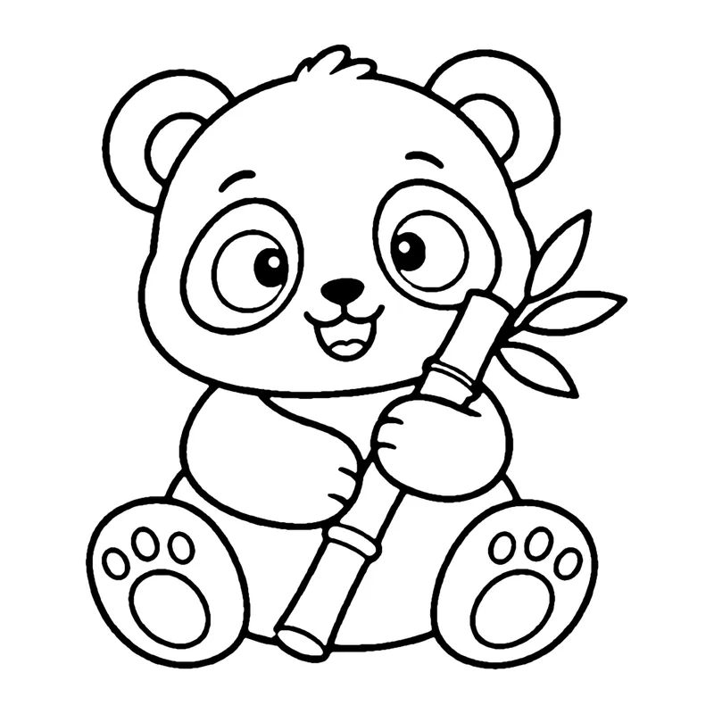 Line drawing of a sitting panda holding a bamboo stalk with leaves, paw pads showing on its feet