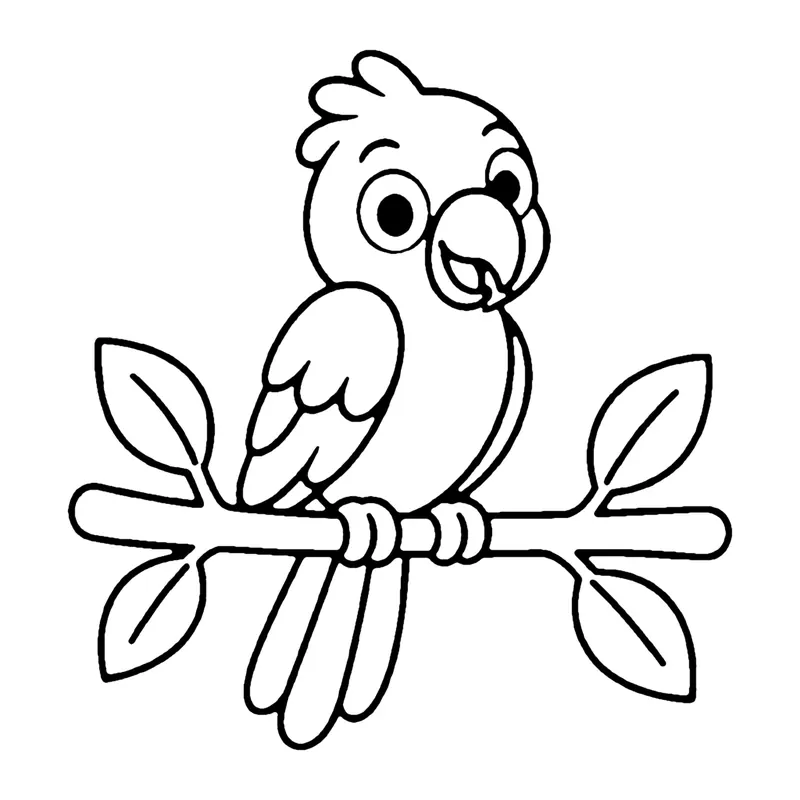 Line drawing of a parrot with a curved beak perched on a leafy branch, long tail feathers hanging down