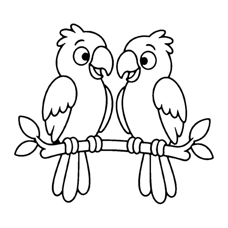 Line drawing of two parrots perched side by side on a leafy branch, facing each other