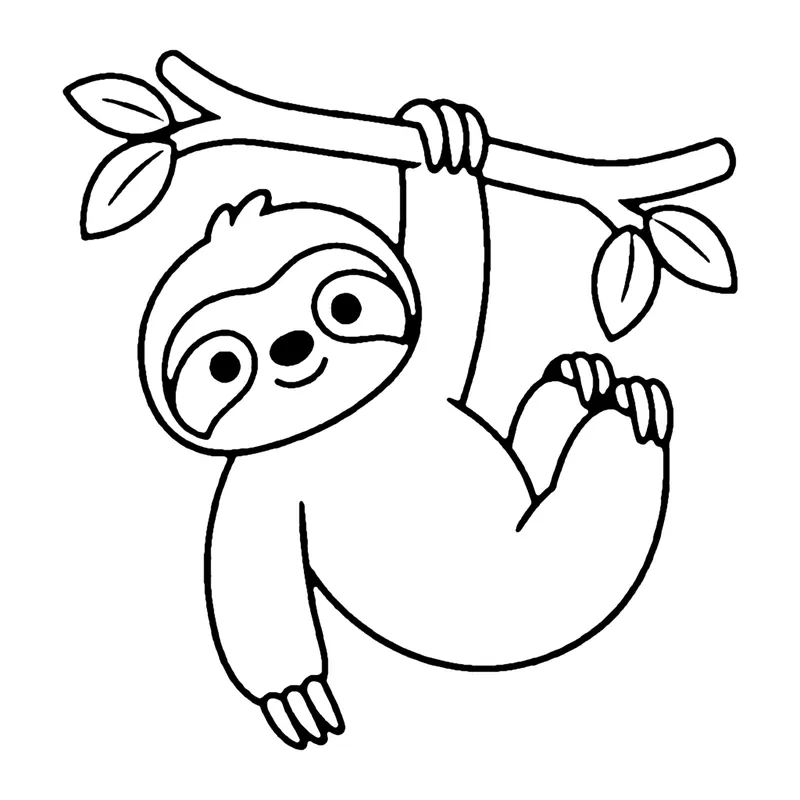 Line drawing of a smiling sloth hanging upside down from a leafy branch by its long claws