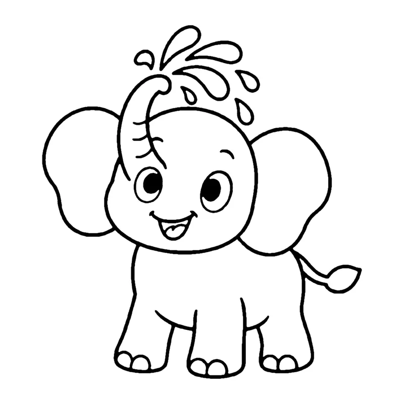 Line drawing of a cheerful elephant spraying a fountain of water from its trunk