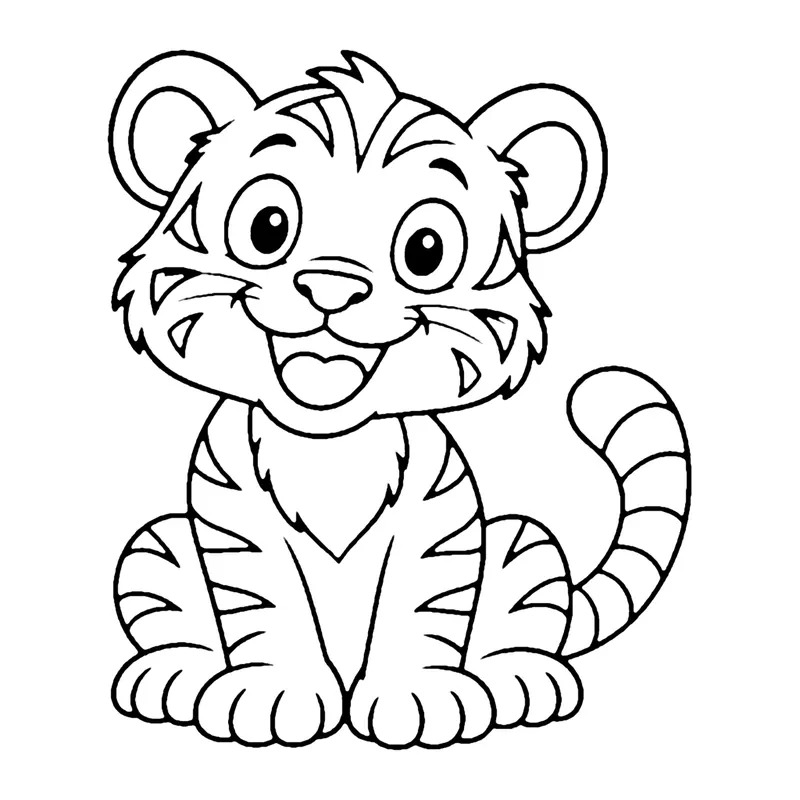 Line drawing of a smiling tiger sitting with stripes on its face, body and long curled tail