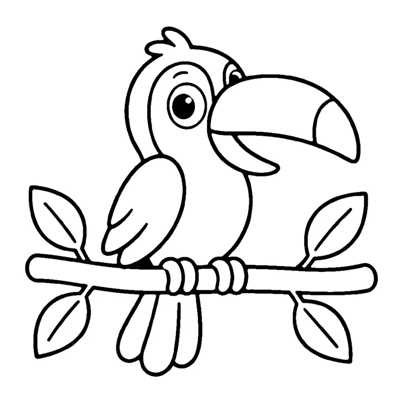 Line drawing of a toucan with a very large curved beak perched on a branch with leaves