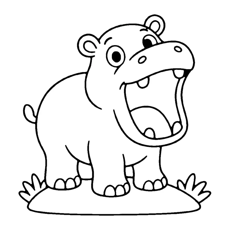 Line drawing of a hippo standing on grass with its mouth opened very wide in a big yawn