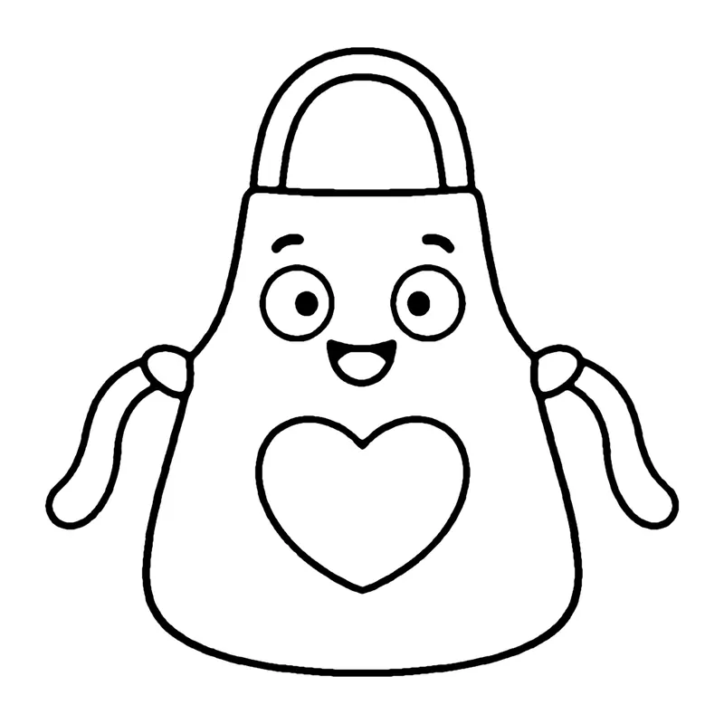 Line drawing of a smiling apron with a heart-shaped pocket and tie strings