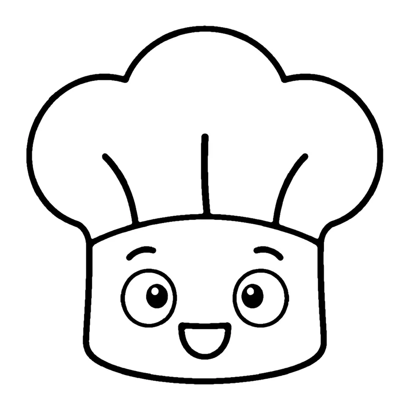 Line drawing of a tall puffy chef hat with a smiling face on its band