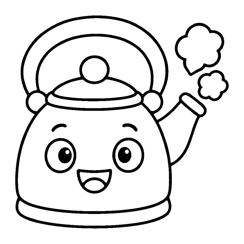 Line drawing of a smiling kettle with a handle on top and puffs of steam rising from its spout