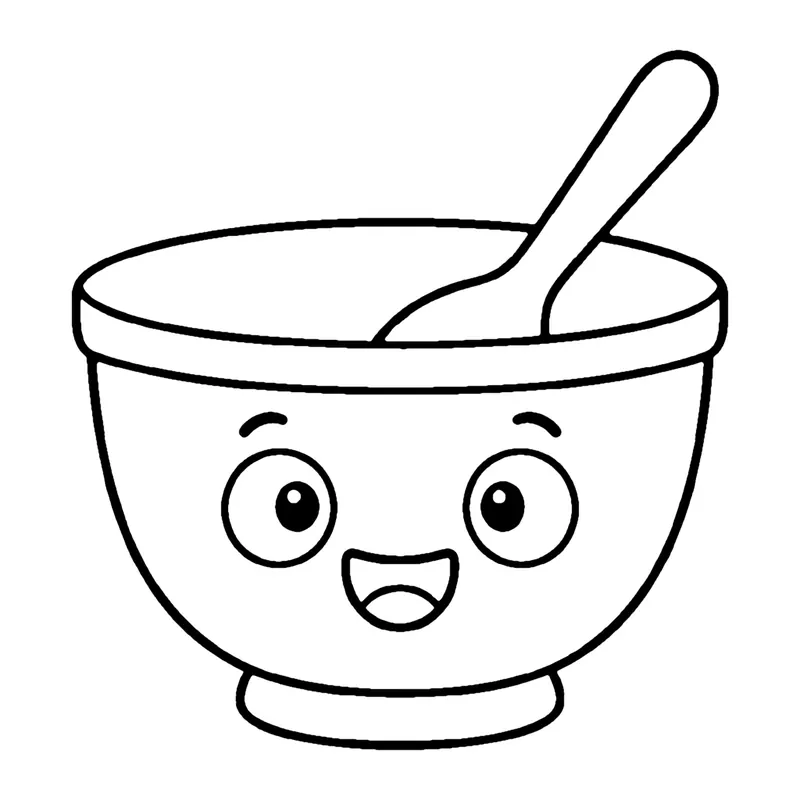 Line drawing of a smiling mixing bowl with a wooden spoon resting in it