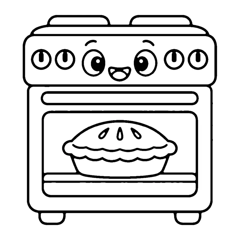 Line drawing of a smiling stove with knobs on top and a pie baking behind the oven window