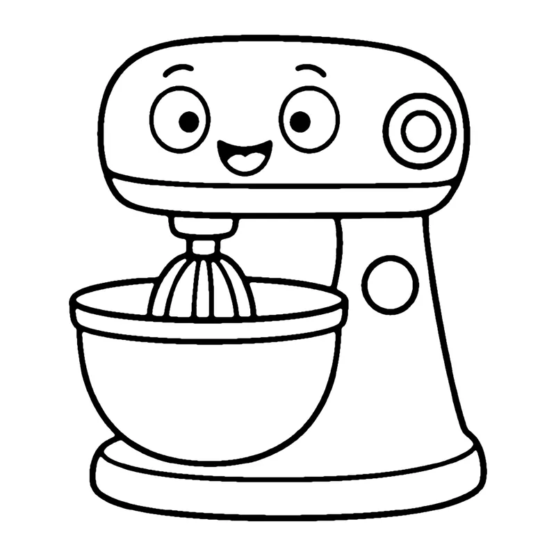 Line drawing of a smiling stand mixer with a whisk attachment above a mixing bowl