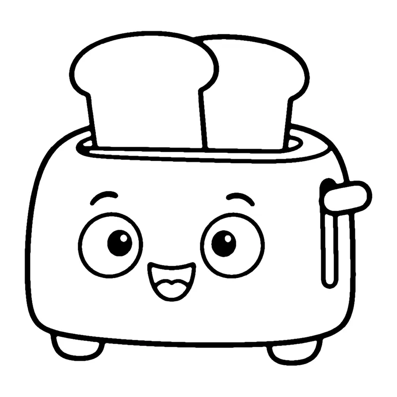 Line drawing of a smiling toaster with two slices of bread popping out of the top
