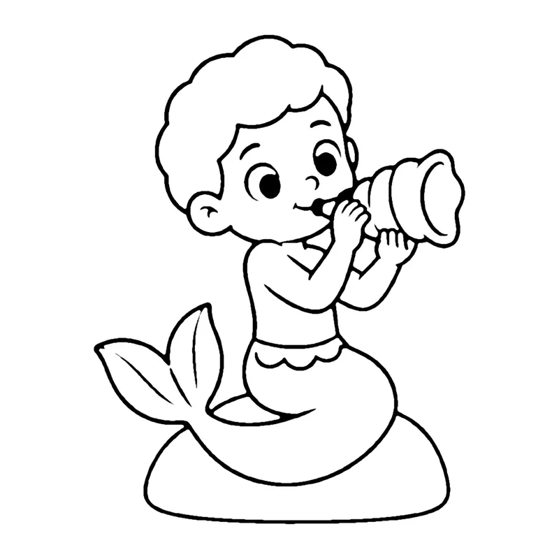 Line drawing of a curly-haired merboy on a rock blowing into a spiral conch shell
