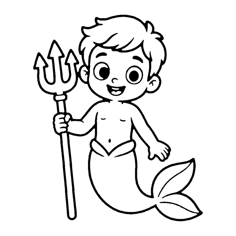 Line drawing of a smiling merboy with curly hair holding a tall three-pointed trident