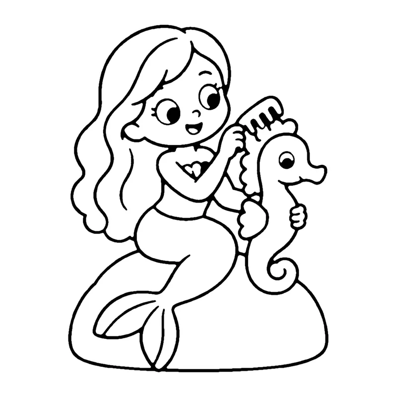 Line drawing of a mermaid on a rock gently combing the mane of a seahorse