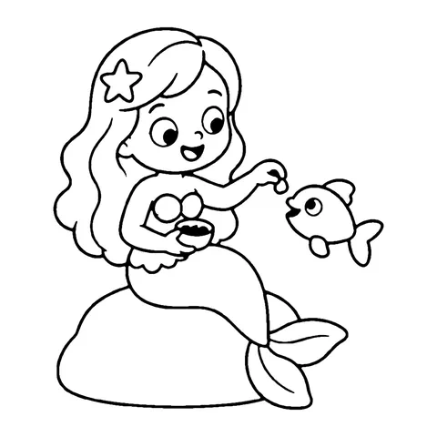 Mermaid Feeding a Fish coloring page