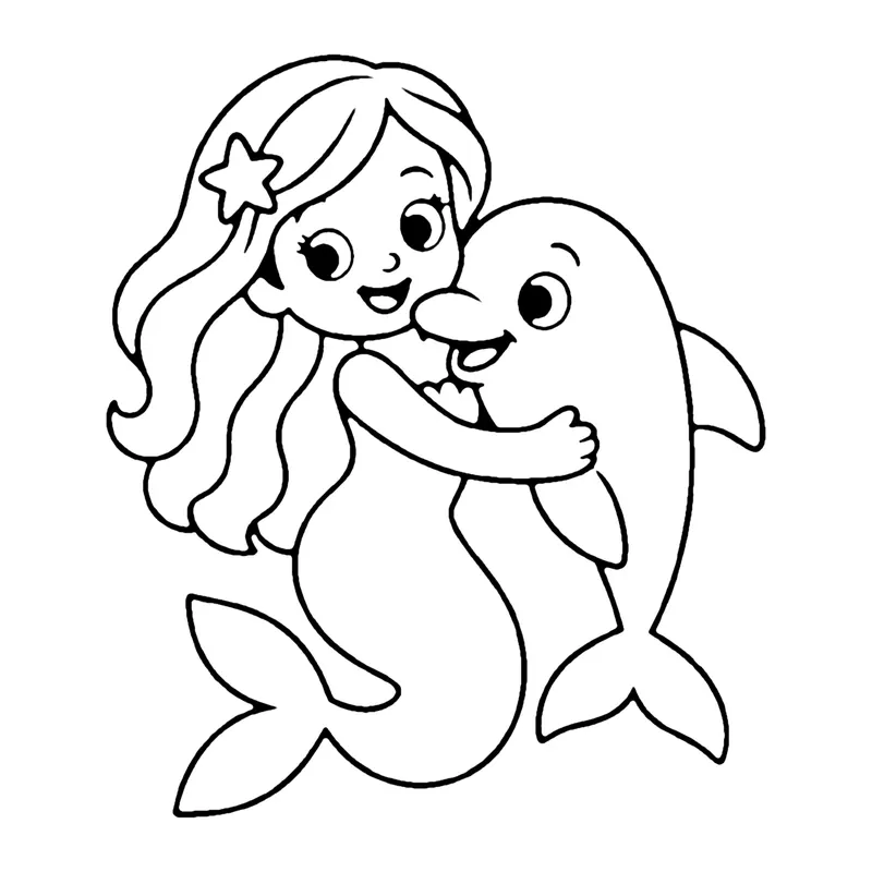 Line drawing of a smiling mermaid hugging a happy dolphin