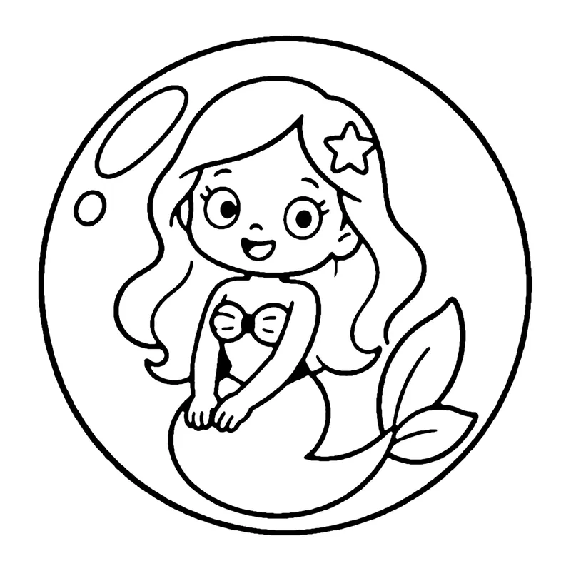 Line drawing of a smiling mermaid with starfish in her hair floating inside a big round bubble