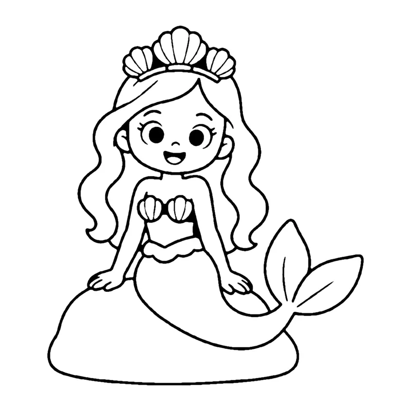 Line drawing of a mermaid wearing a crown made of seashells, sitting on a rock