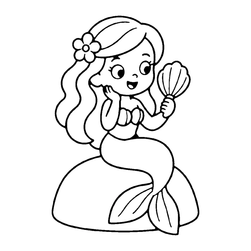 Line drawing of a mermaid with a flower in her hair holding a scallop shell mirror