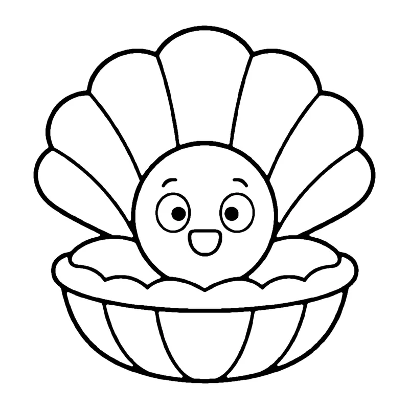 Line drawing of an open clam shell holding a big round smiling pearl