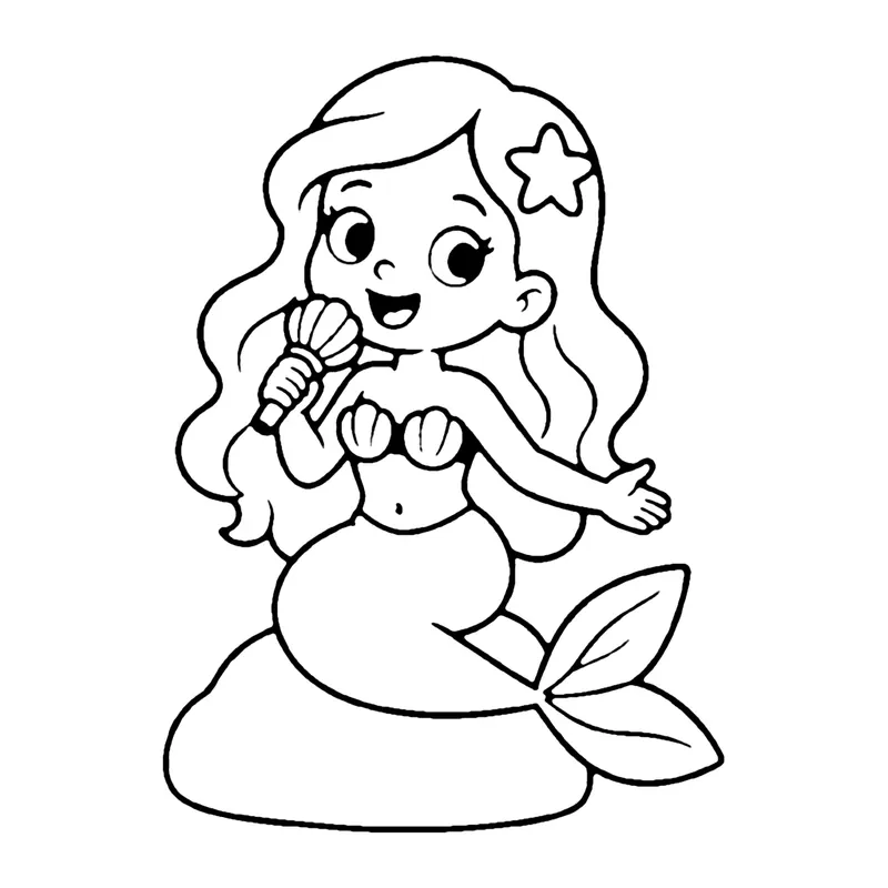 Line drawing of a mermaid on a rock singing into a seashell held like a microphone