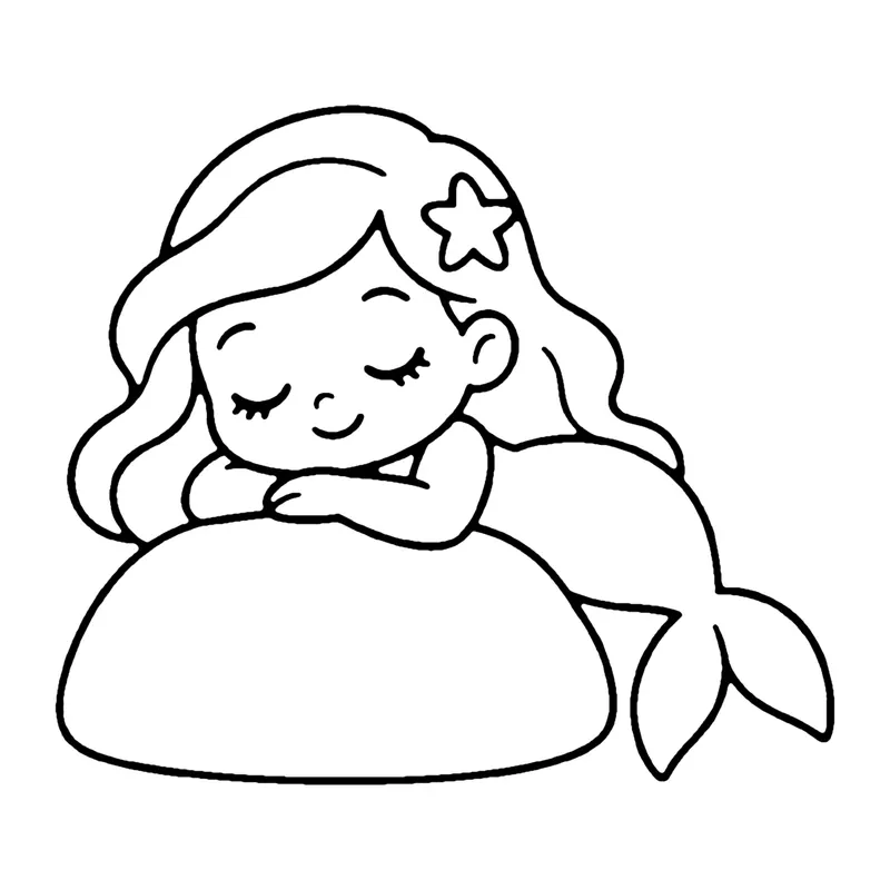 Line drawing of a mermaid sleeping peacefully with her head resting on her arms on a rock