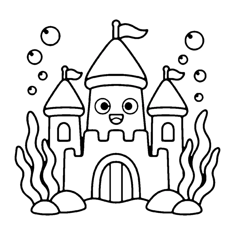 Line drawing of a smiling sea castle with three towers and flags, surrounded by seaweed and bubbles