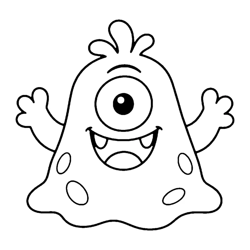 Line drawing of a one-eyed blob monster with a curly tuft, spots and a wide smile