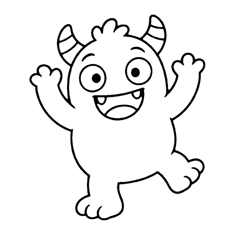 Line drawing of a cheerful monster with horns dancing on one foot with its arms in the air