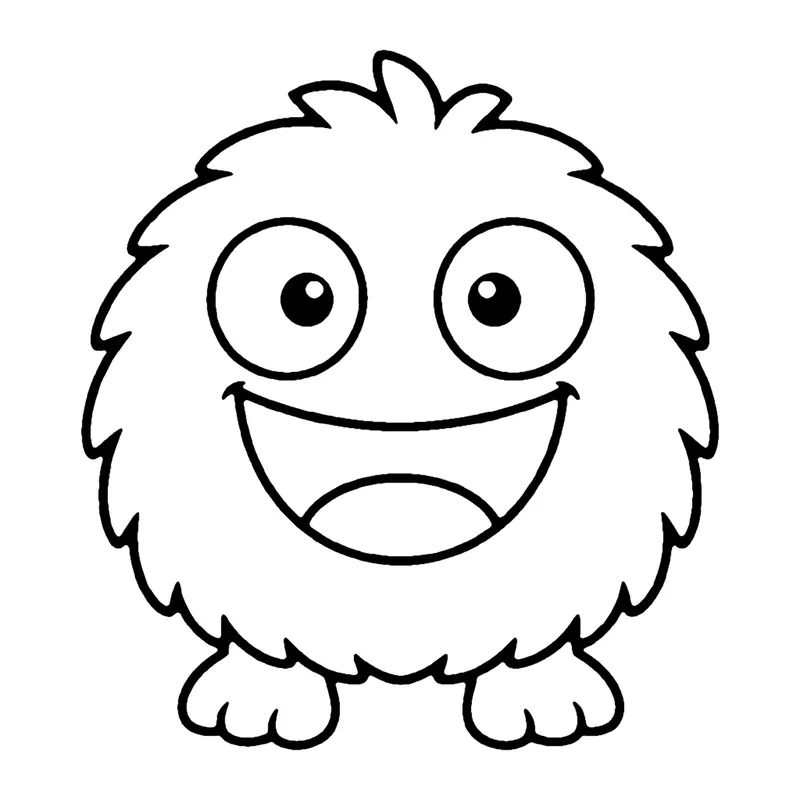 Line drawing of a round fluffy monster with huge eyes, a big open smile and small feet