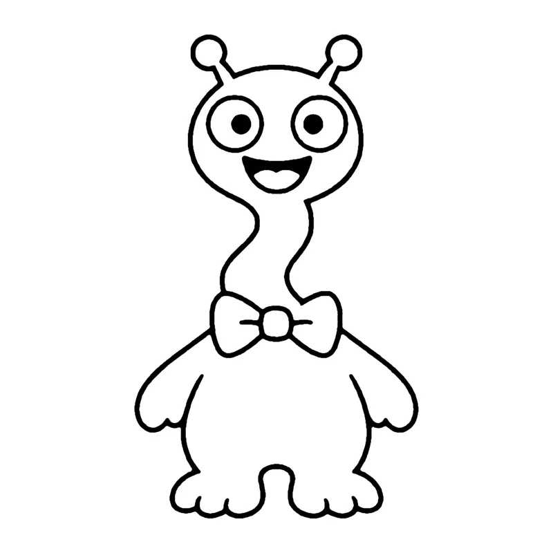Line drawing of a monster with a long wiggly neck, two antennae and a bow tie