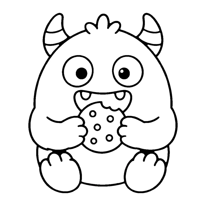 Line drawing of a round horned monster sitting down and munching on a chocolate chip cookie