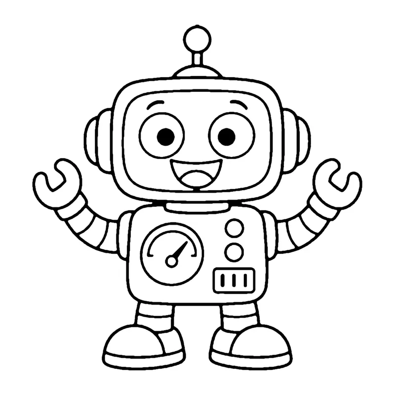 Line drawing of a smiling robot with an antenna, a dial and buttons on its chest and claw hands