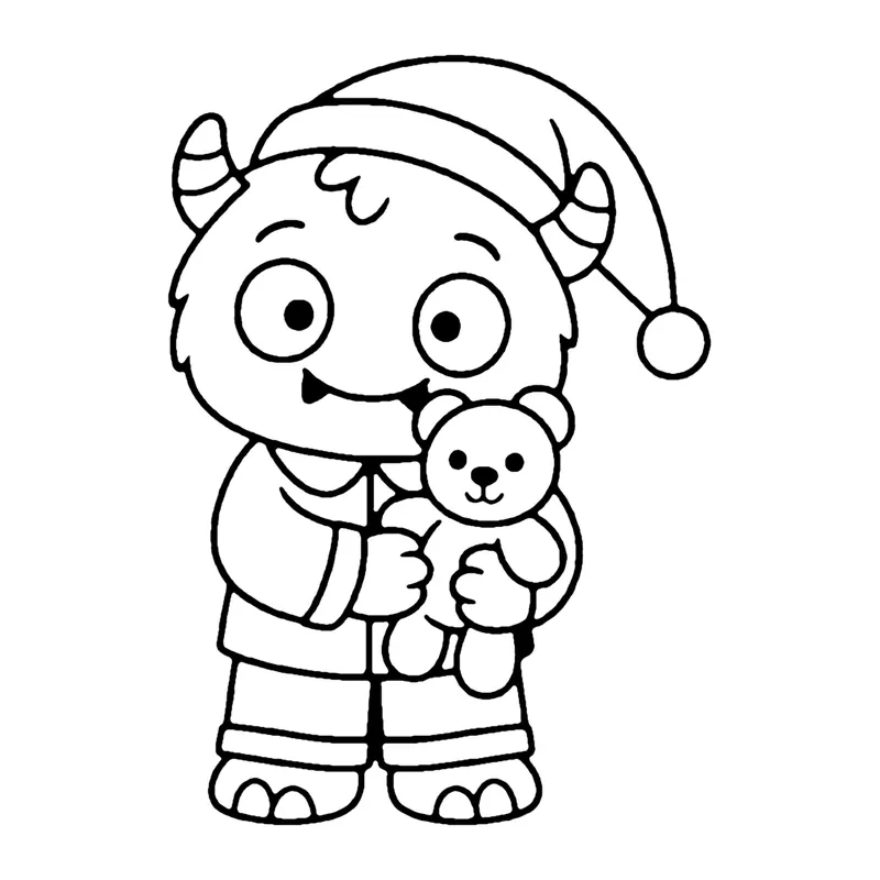 Line drawing of a monster in a nightcap and striped pajamas hugging a teddy bear