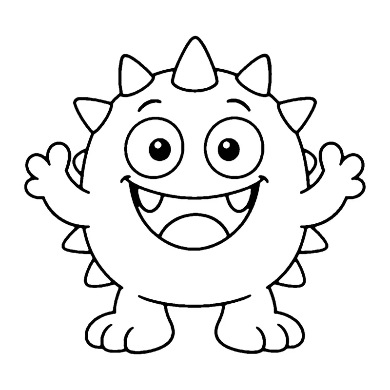 Line drawing of a round monster with spikes along its head and back, waving both arms