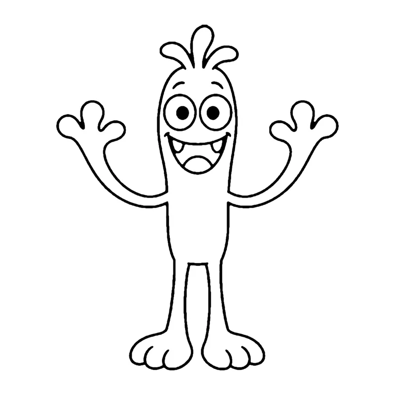 Line drawing of a very tall, skinny monster with a hair tuft, long arms and a big grin