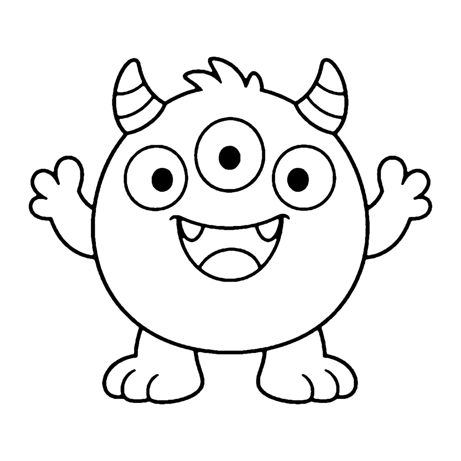 Line drawing of a round monster with three eyes, two striped horns and arms raised in a cheer