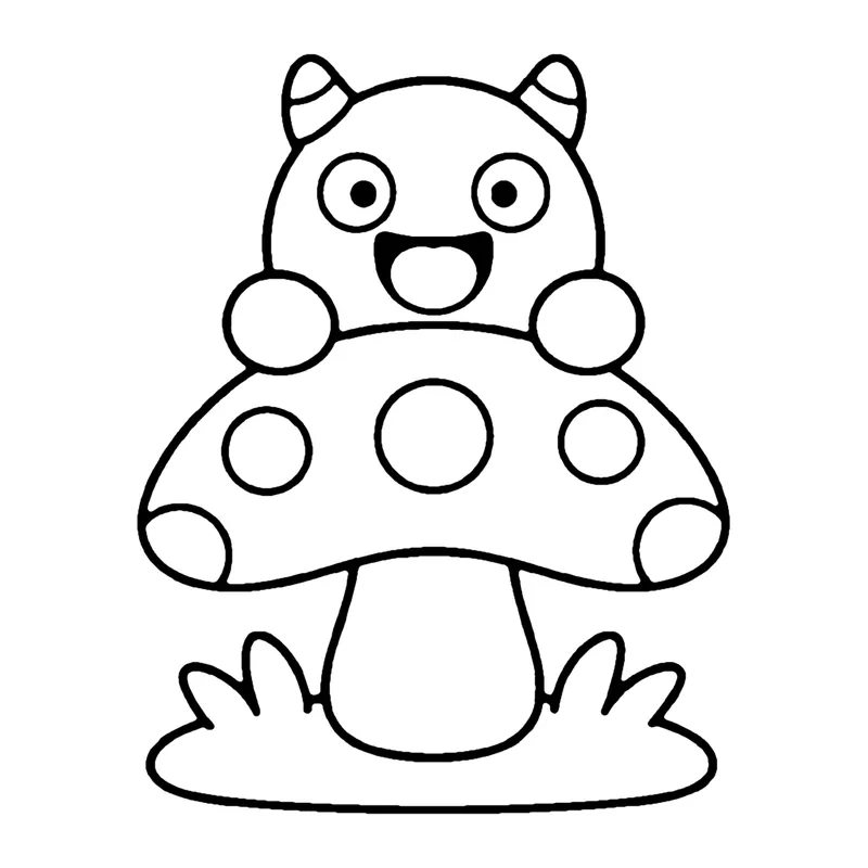 Line drawing of a tiny monster with horns peeking over a spotted mushroom cap